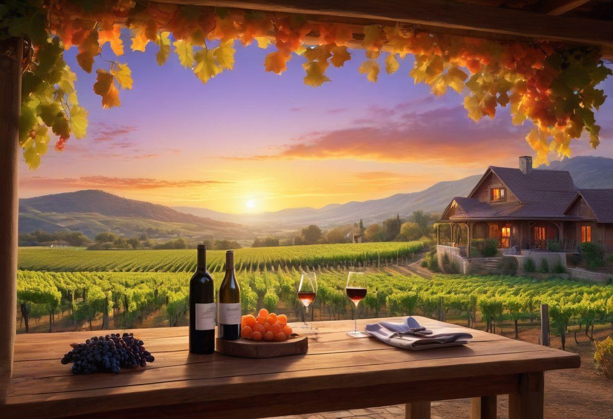 A beautiful vineyard landscape at sunset, with rows of lush grapevines, a rustic wooden tasting room in the foreground, and wine bottles elegantly arranged on a table. A couple tasting wine with glasses raised, surrounded by grape clusters and lush hills in the background. The sky painted in rich oranges and purples. super-realistic. vibrant colors. scenic.