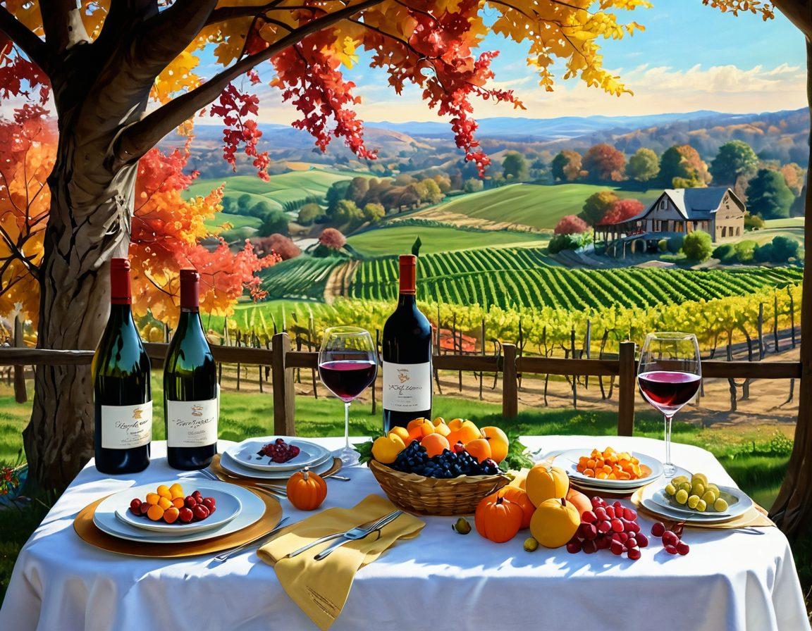 A picturesque vineyard scene showcasing the four seasons: vibrant fall foliage, blooming spring flowers, a sun-kissed summer landscape, and a serene winter setting with snow. Include an elegant table set with various wine glasses, each filled with different wine varieties, paired with seasonal food delicacies. Soft, warm lighting enhances the inviting atmosphere. painting. vibrant colors. 3D.