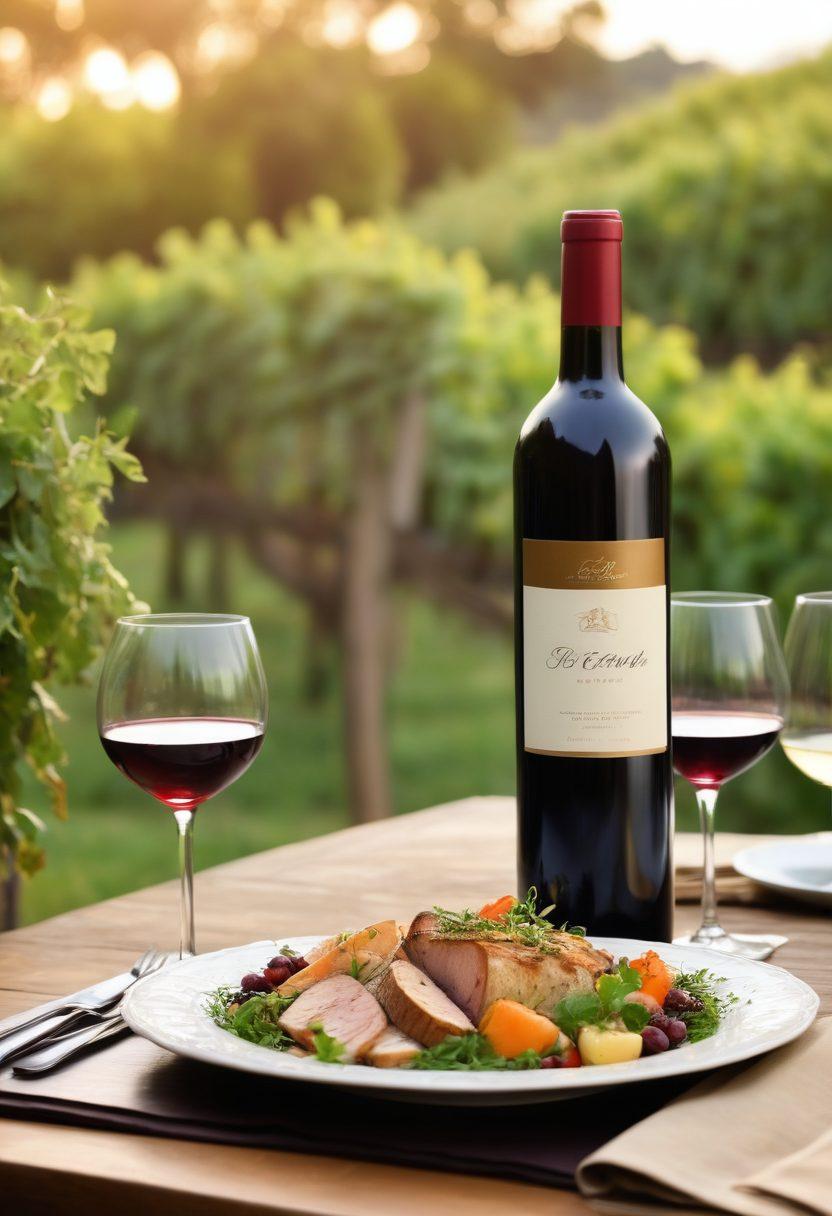 A beautifully arranged dinner table featuring an elegant wine pairing setup. Include a diverse selection of gourmet dishes paired with various wine bottles, all surrounded by vibrant greenery and soft candlelight. Highlight the different textures and colors of the food and wine, inviting warmth and sophistication. The background should have a blurred vineyard scene, enhancing the wine and food theme. super-realistic. vibrant colors. soft focus.